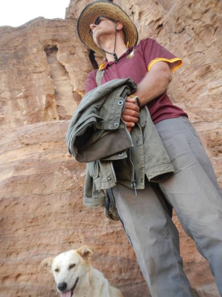 Fig. 79: Piotr Bienkowski (right) and this year’s excavation dog watching the transhumance from Umm al-Biyara to Nazzal’s Camp.