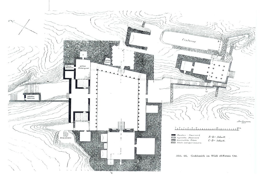 Fig. 2: General plan of main installations in the Wadi Farasa East by Bachmann, Watzinger and Wiegand (1921)