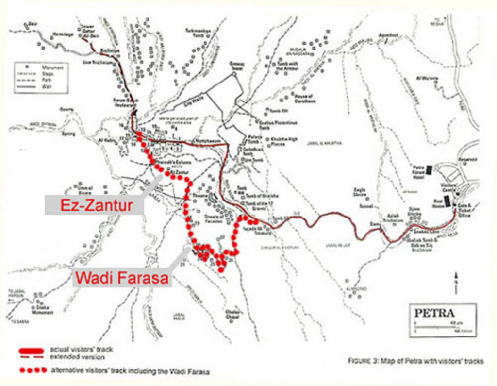 Fig. 5: Alternative route for visitors to Petra through the Wadi Farasa East (drawing: Official tourist map, modified by S. G. Schmid)