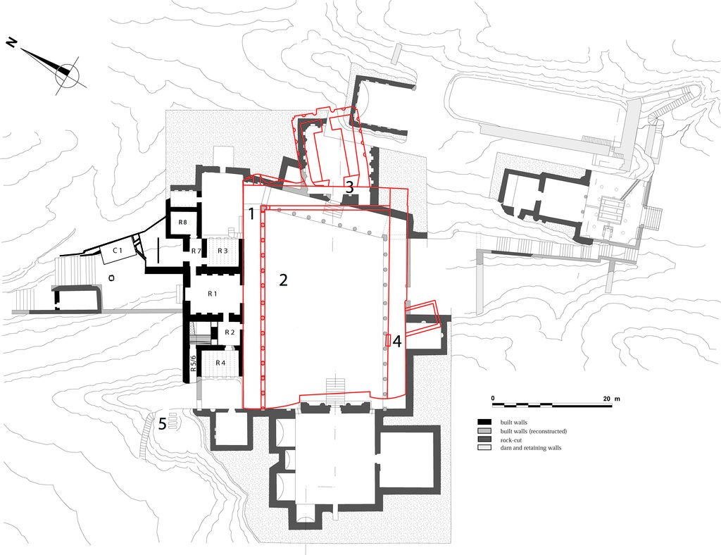 Fig. 1: Wadi Farasa East, general plan of the Soldier Tomb’s complex (M. Dehner after Bachmann and Watzinger and Wiegand 1921).