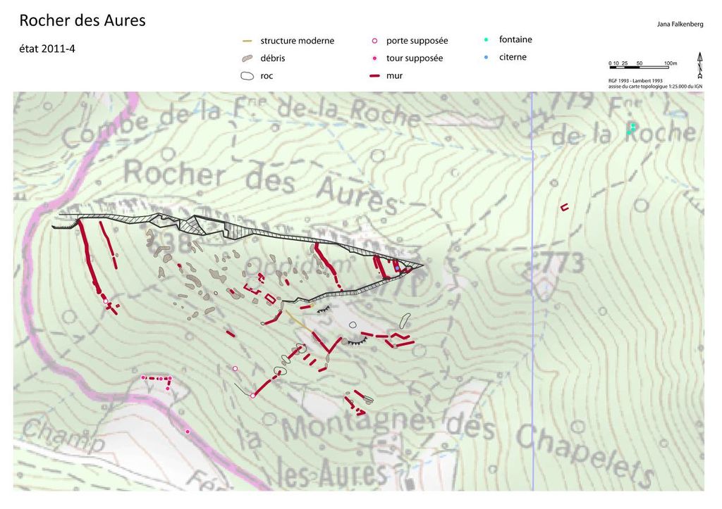 Fig. 4: Plan des structures relevées en 2011 et projetées sur la carte topographique au 1:25000 (plan: J. Falkenberg)