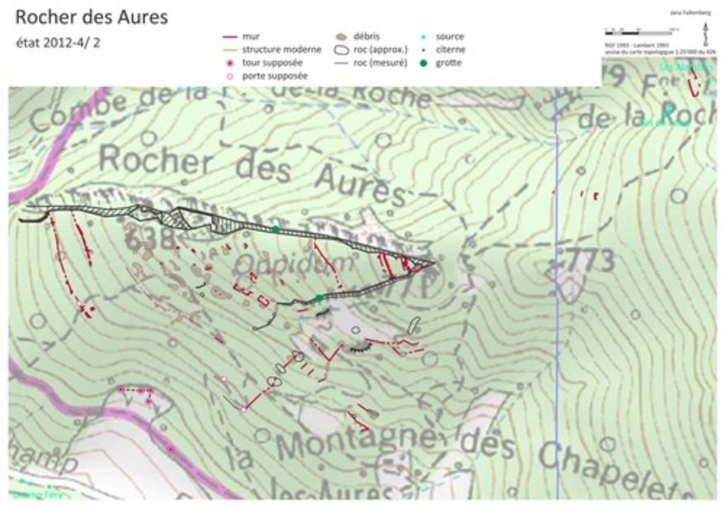 Fig. 1: Carte topographique de la région du Rocher des Aures avec structures recensées (plan: J. Falkenberg)