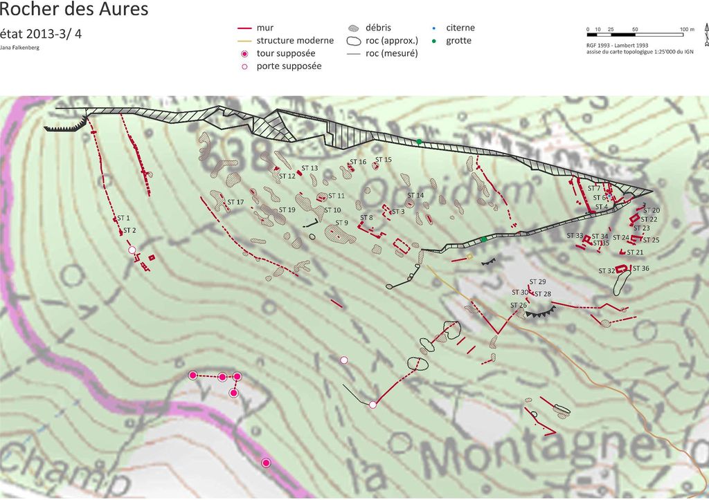 Fig. 01 : Rocher des Aures, extrait de la carte topographique avec structures (plan : J. Falkenberg)