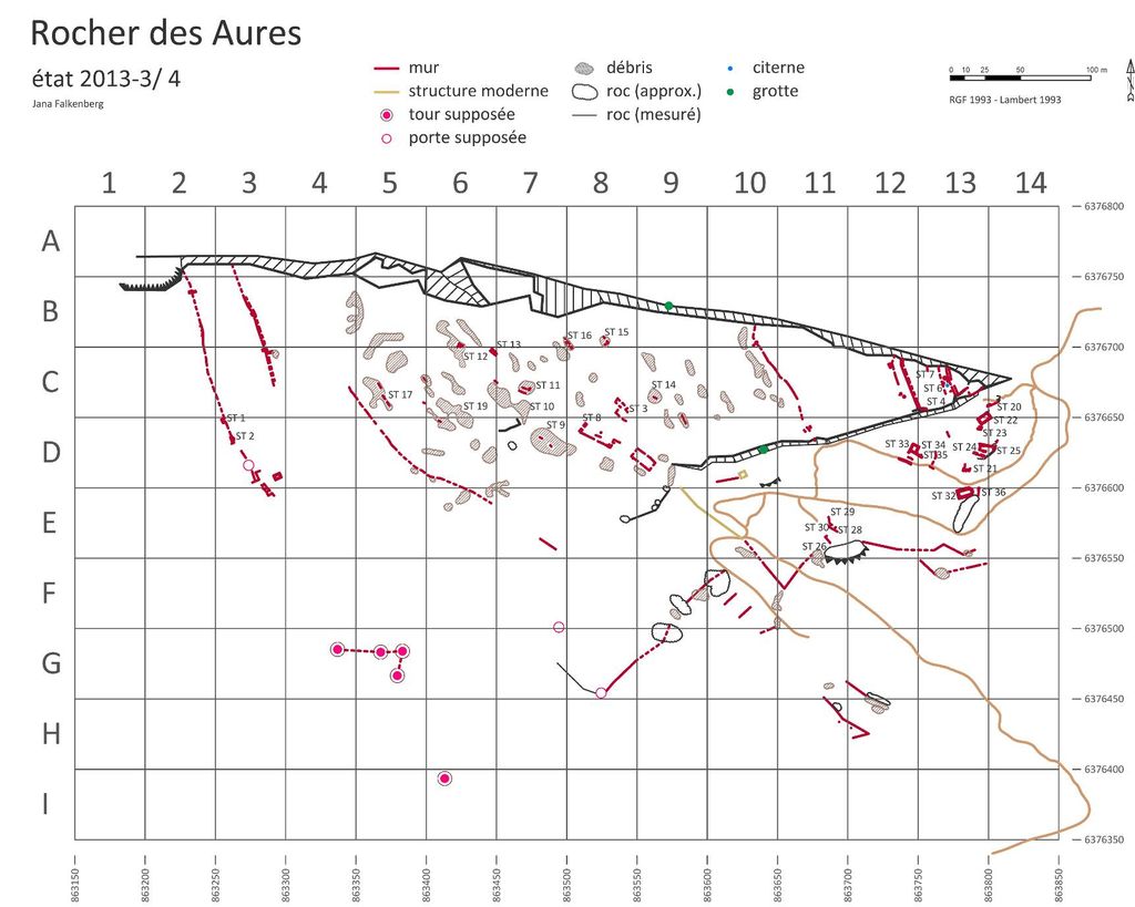 Fig. 2 : Rocher des Aures, plan des structures avec secteurs (plan : J. Falkenberg)